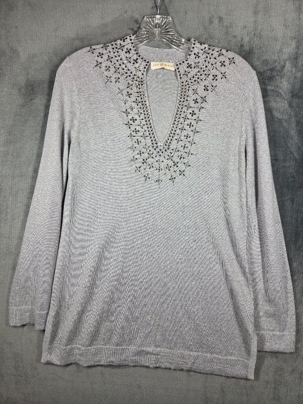 Tory Burch Sweater Womens Medium Gray Soft Merino Wool Embellished Tunic